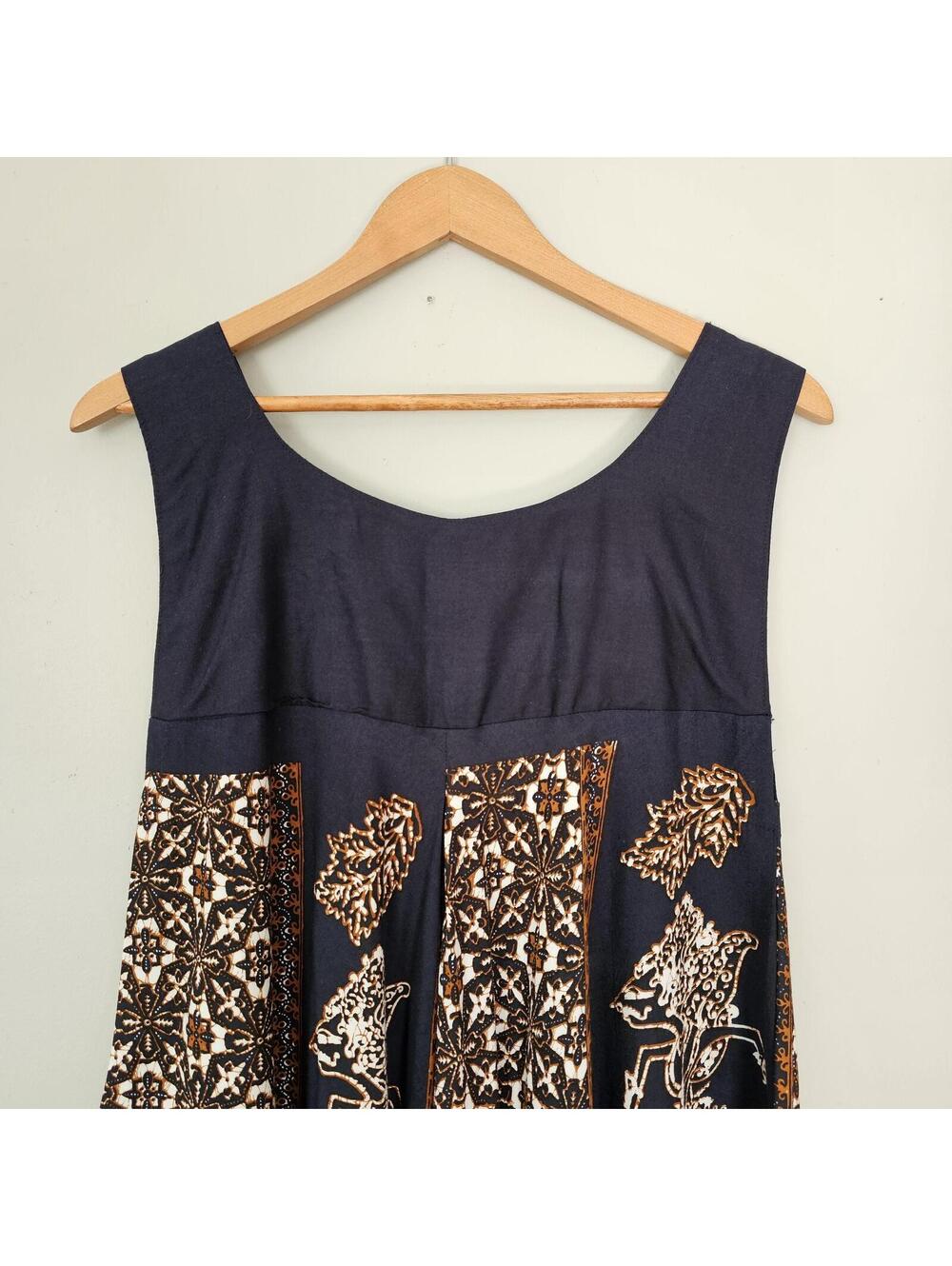 Vintage Indonesian Batik Sundress Wayang Print Cotton Midi Boho Festival Style - Picture 2 of 13